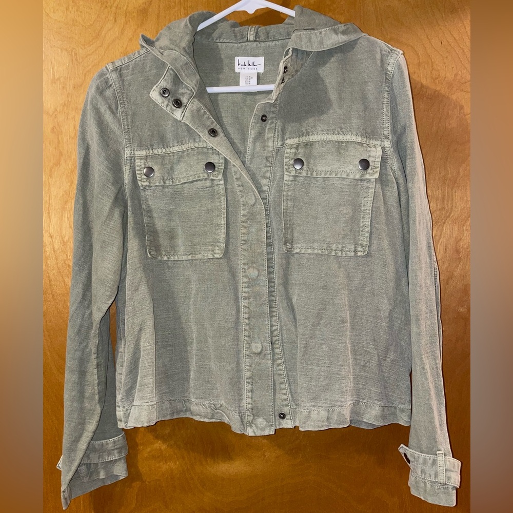 🍃 Nicole Miller New York Linen Blend Hooded Jacket Sage Green Cropped Women’s M